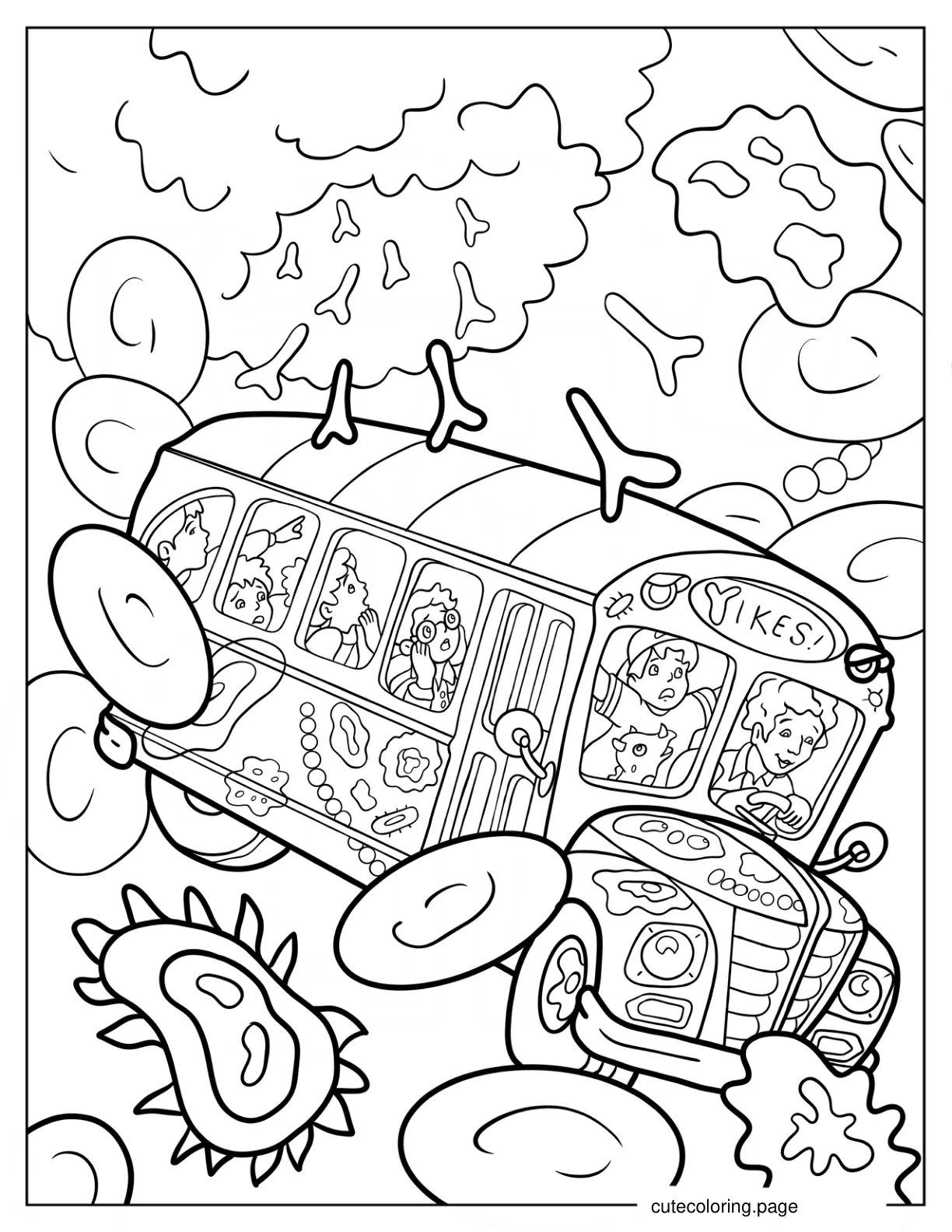 Magic School Bus Surrounded By Red Blood Cells White Blood Cells And Antibodies Coloring Sheet coloring page