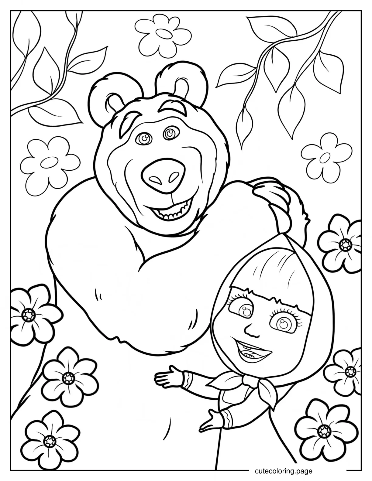 Kawaii Masha And the Bear With Flowers Coloring Page 1 coloring page