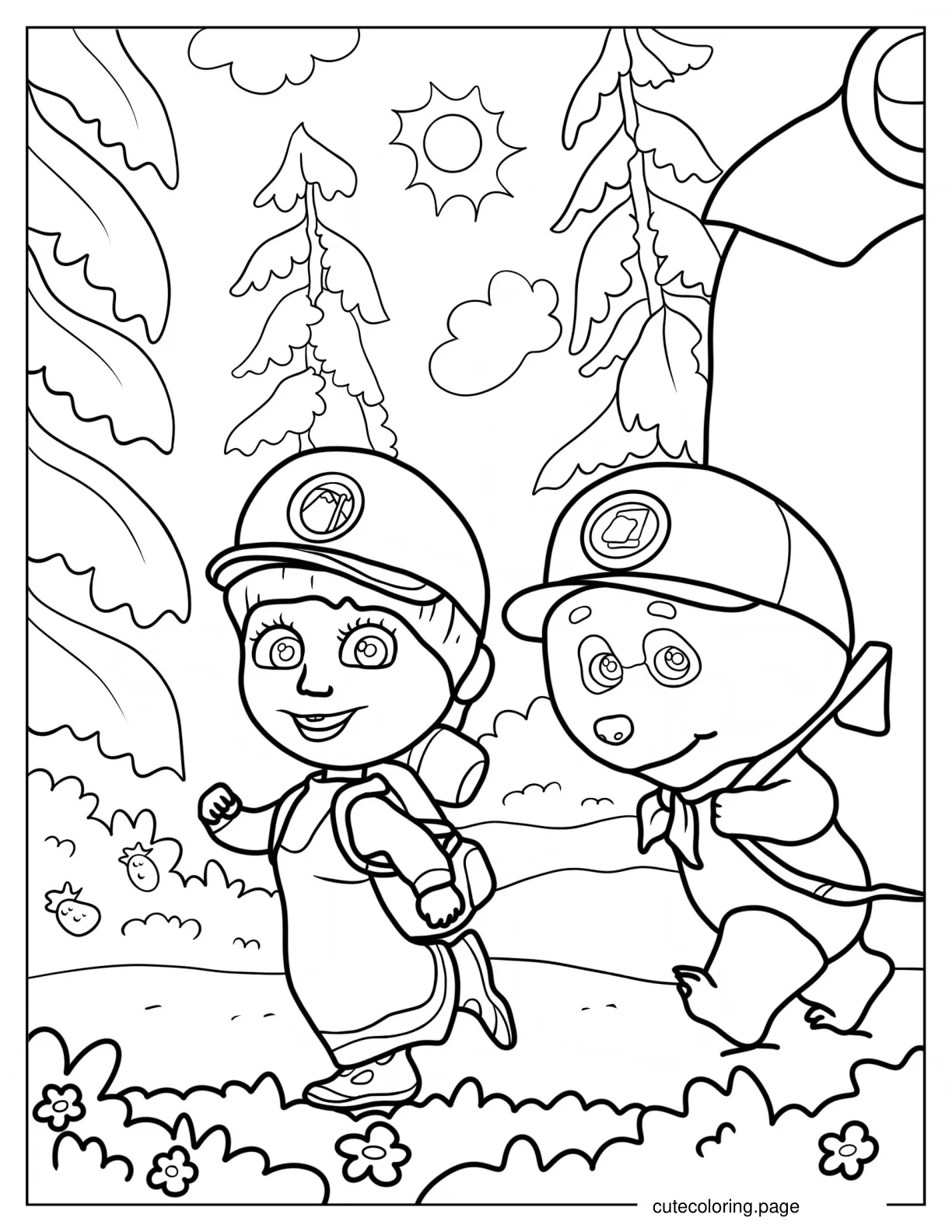 Masha And Panda Wearing Caps And Bags Coloring Page 1 coloring page