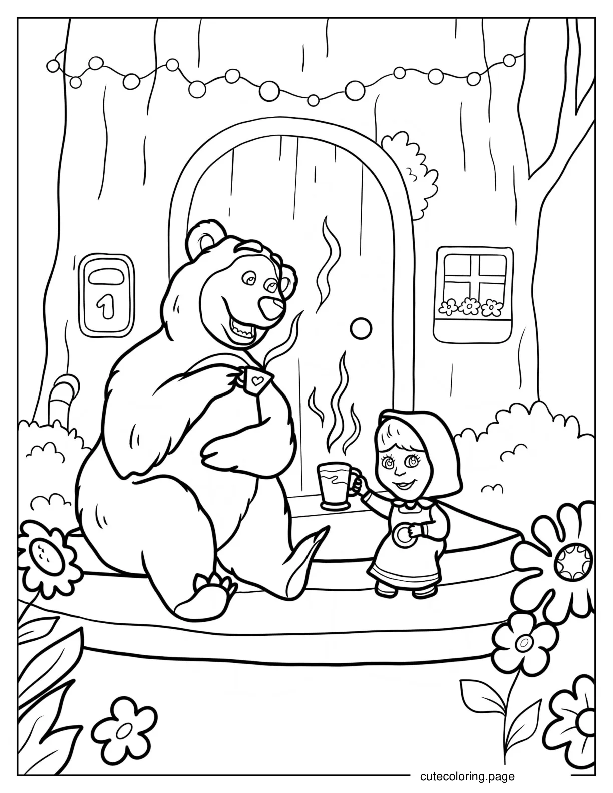 Masha And The Bear Drinking Hot Beverage Outside House 1 coloring page