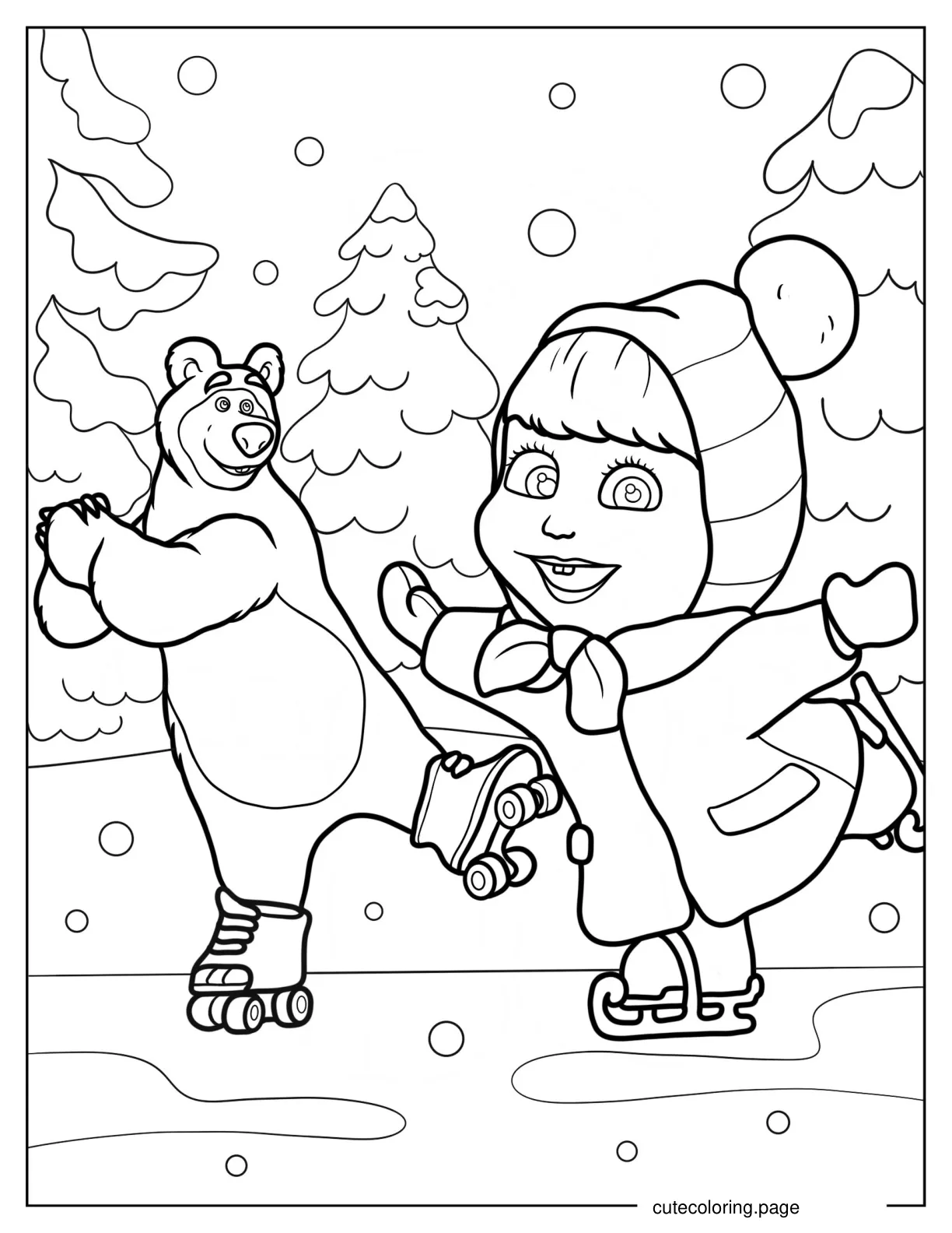 Masha And The Bear Ice Skating In The Snow Coloring Page 1 coloring page