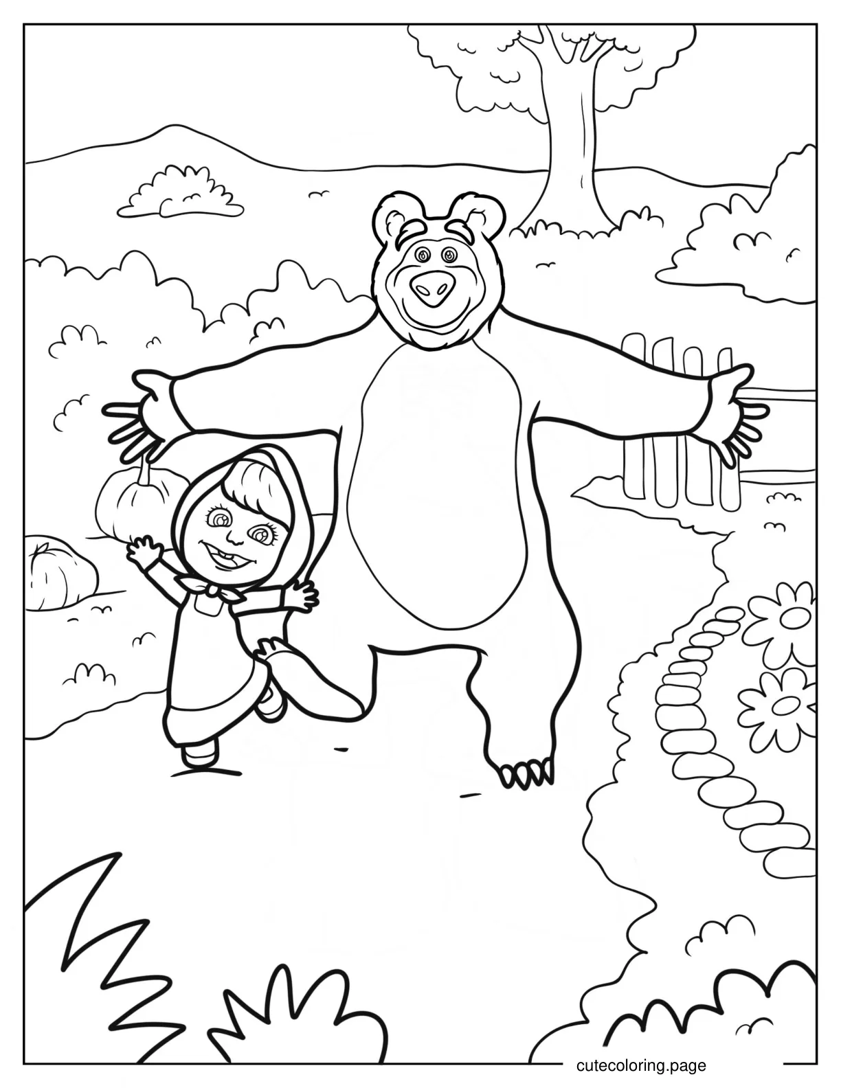 Masha And The Bear Running Down Path Coloring Sheet 1 coloring page