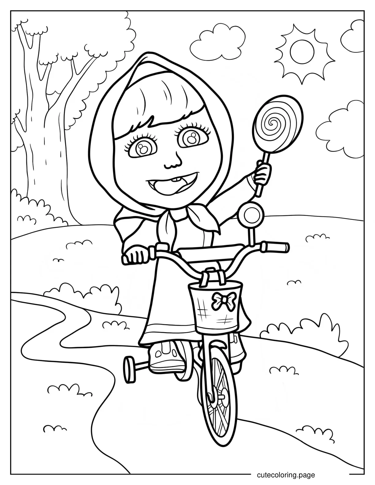 Masha Riding Bicycle While Holding Up Lollipop 1 coloring page