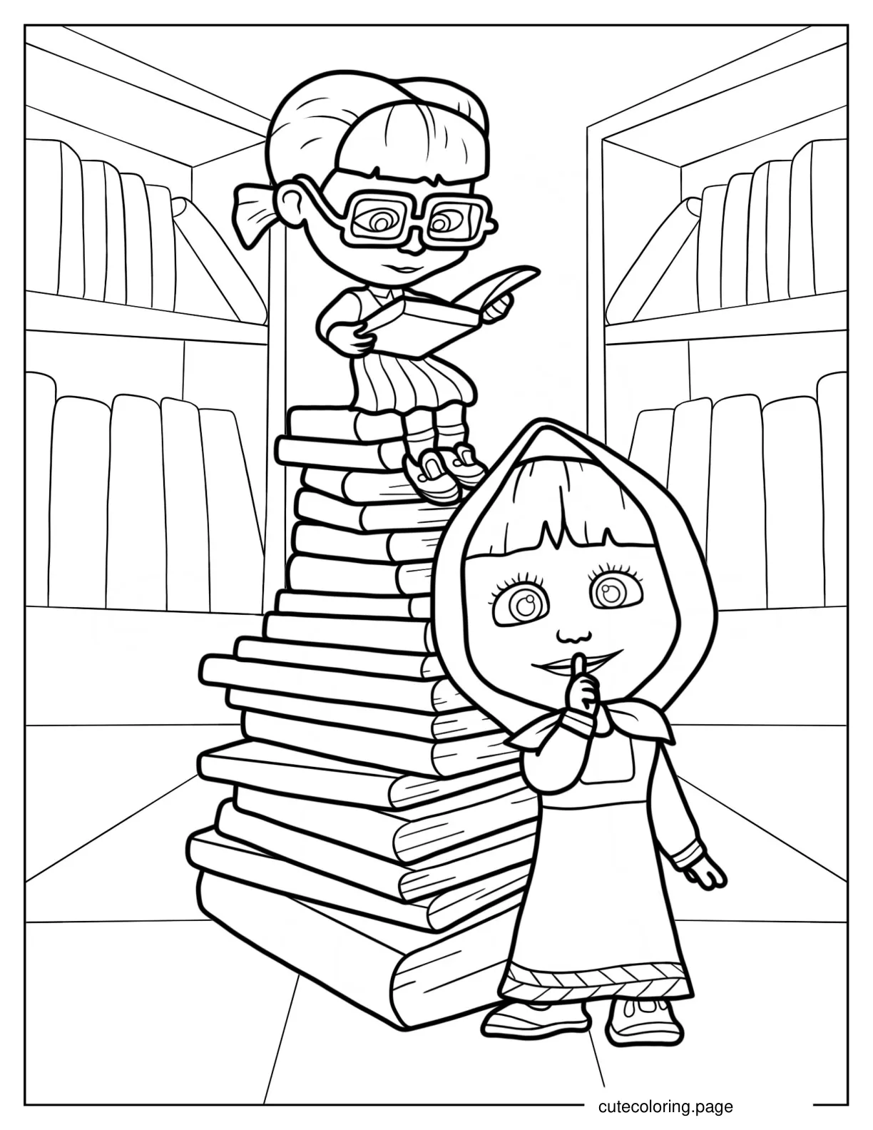 Masha With Finger Over Mouth While Dasha Reads A Book 1 coloring page