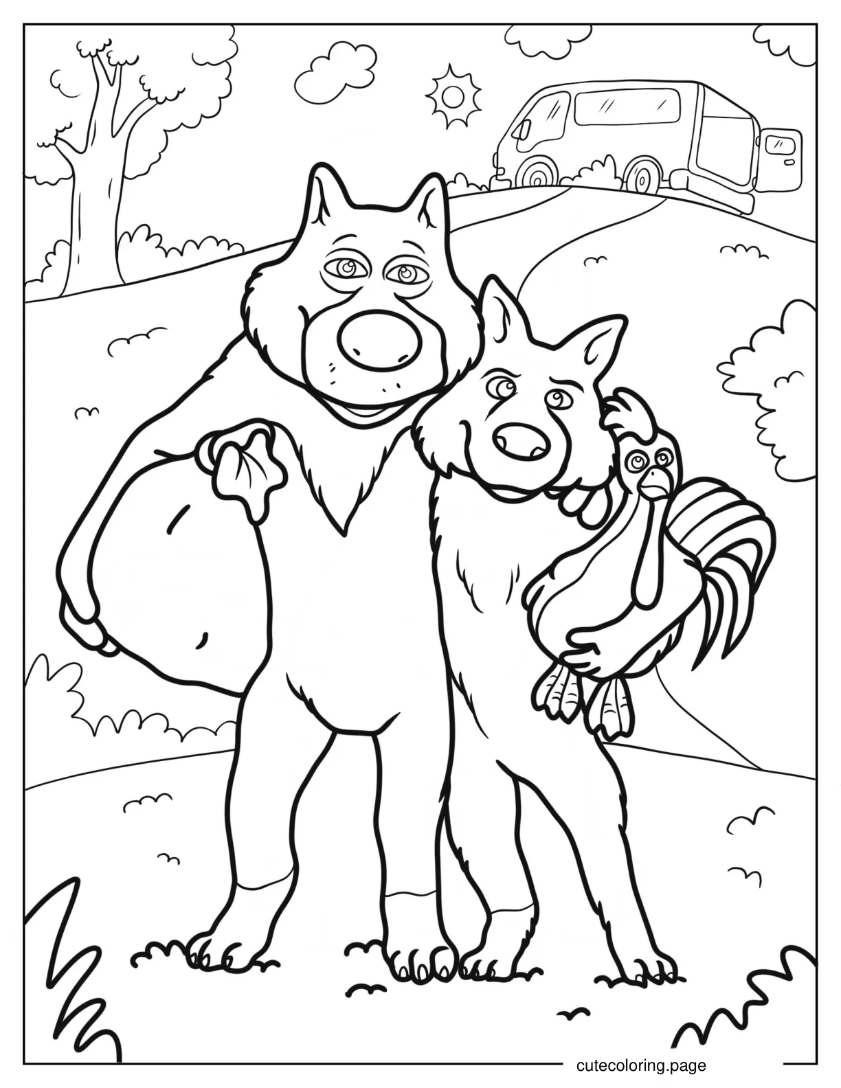 Silly Wolf And Sly Wolf Holding Chicken 1 coloring page