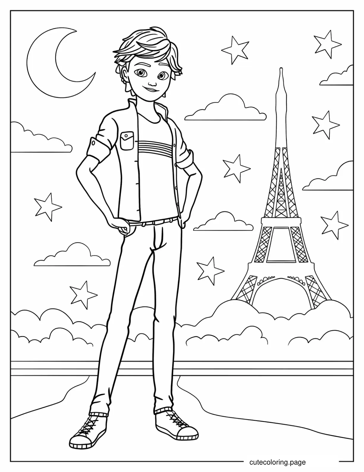 Adrien Agreste Standing In Front Eiffel Tower Coloring Page coloring page