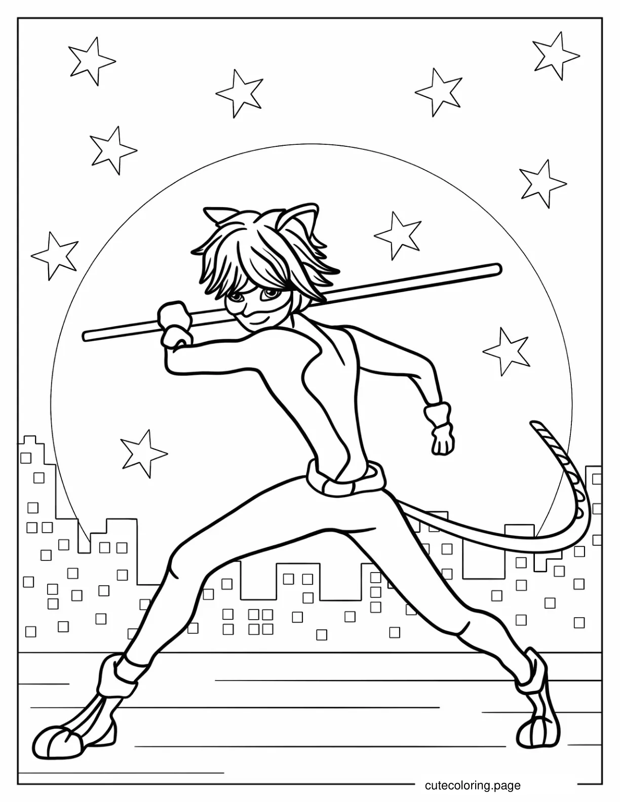 Cat Noir Fighting Using Staff Coloring Sheet coloring page