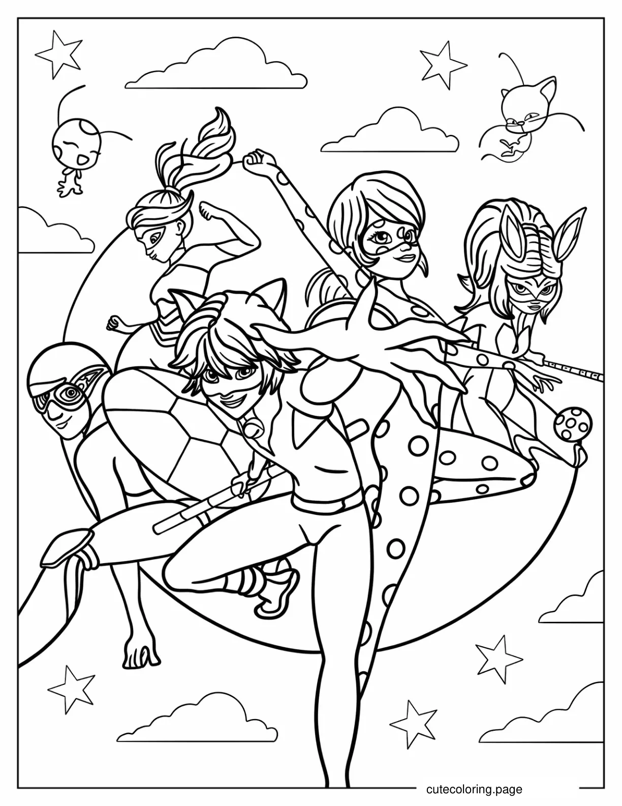 Cat Noir Rena Rouge Queen Bee Carapace And Miraculous Ladybug Coloring Sheet coloring page