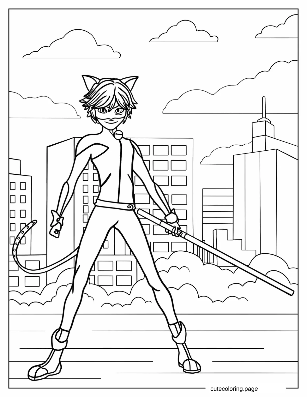 Smiling Cat Noir With Staff Coloring Page coloring page