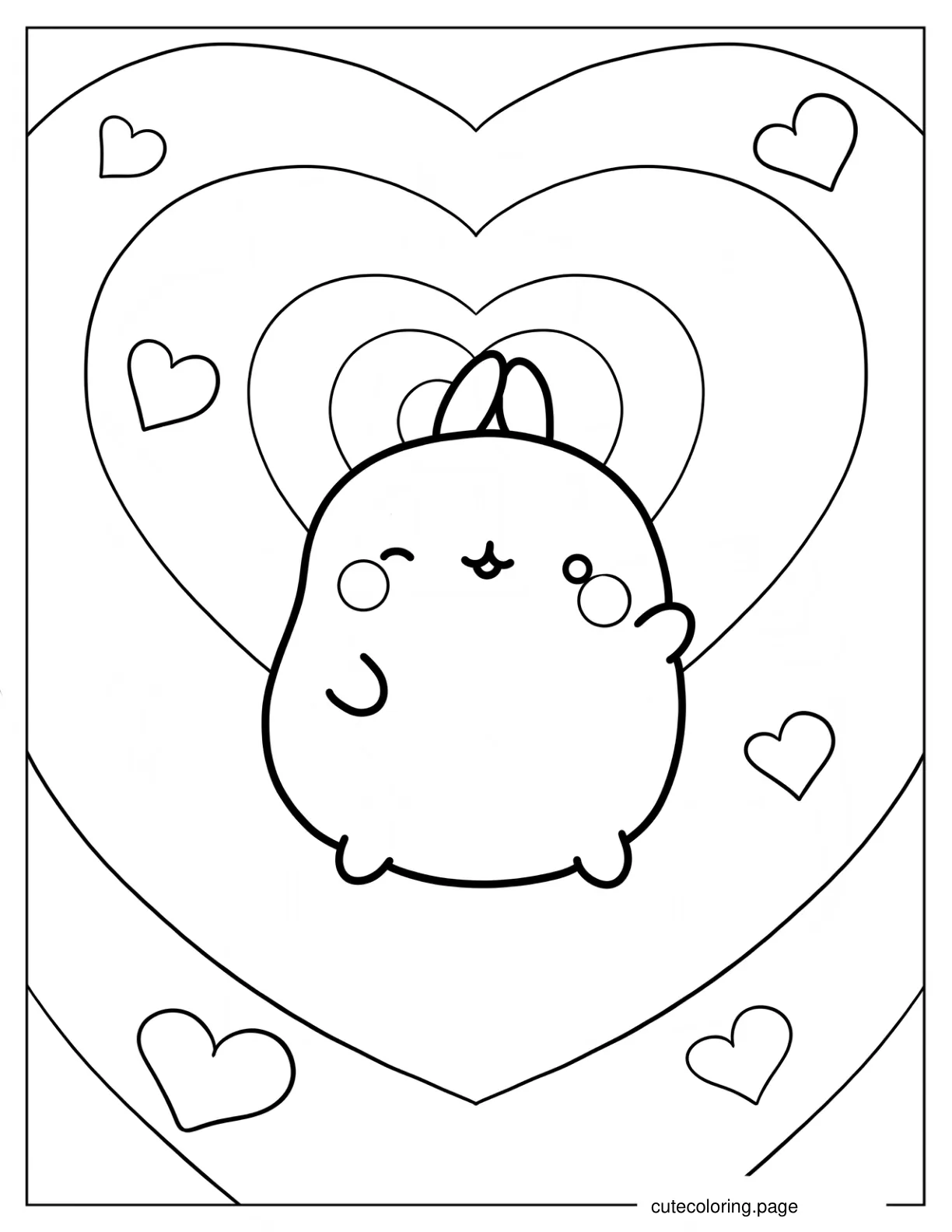 Kawaii Molang With Heart Background Coloring Page For Kids coloring page