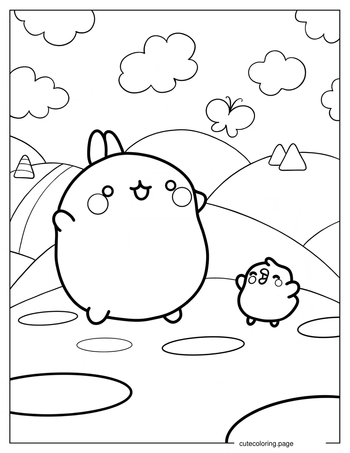 Molang And Piu Piu Cheering On The Hills coloring page