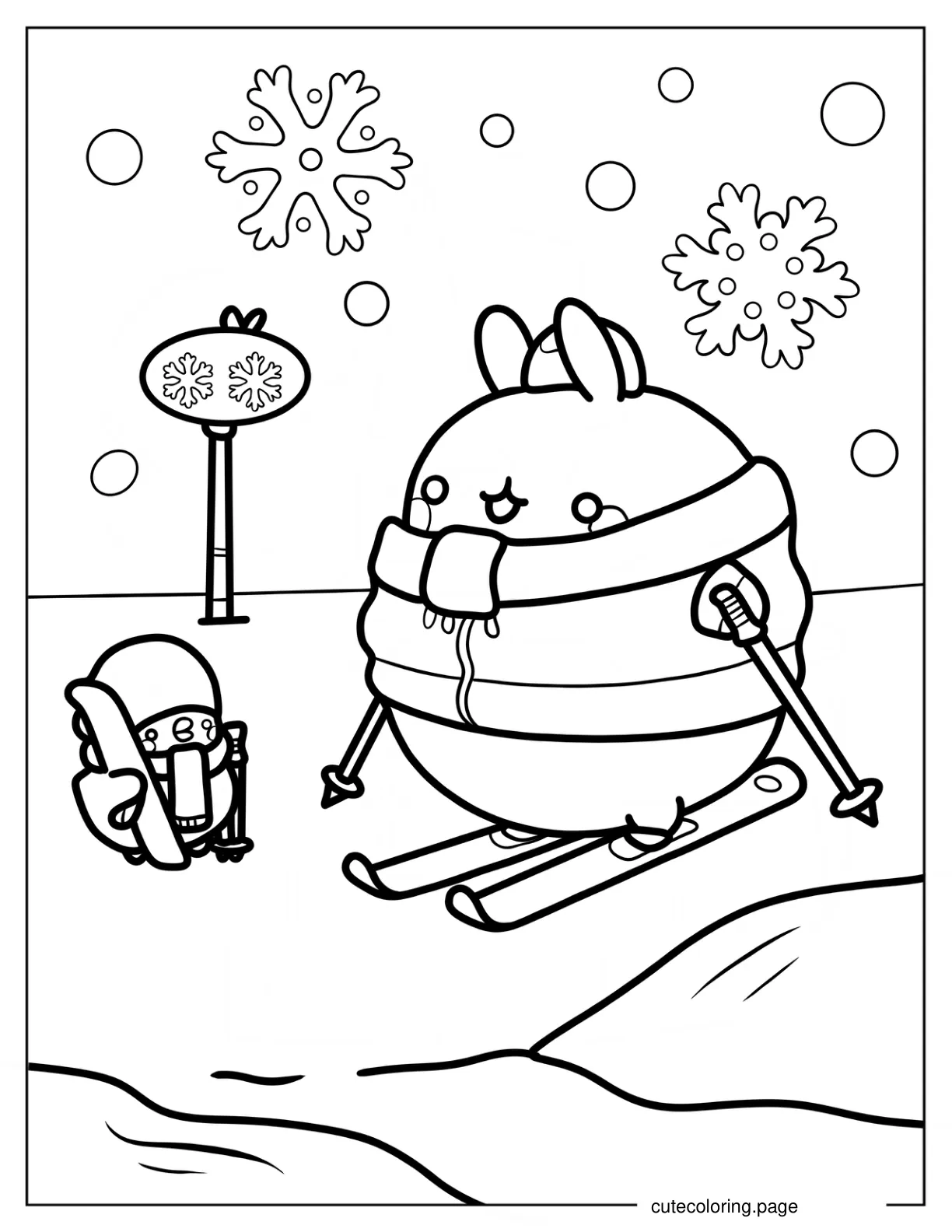 Molang And Piu Piu Skiing In Winter coloring page