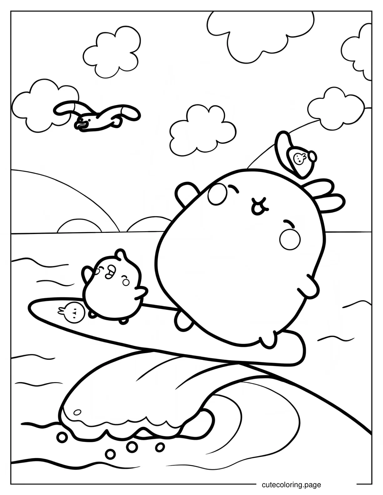 Molang And Piu Piu Surfing Coloring Page For Preschoolers coloring page