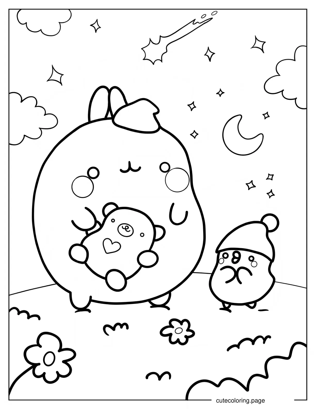 Molang Holding Teddy Bear With Piu Piu At Bedtime coloring page