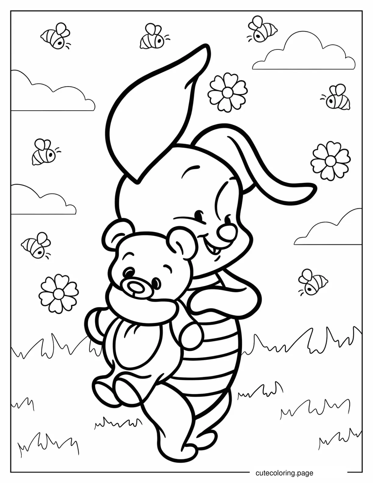 Baby Piglet Holding A Teddy Bear Coloring Page For Preschoolers coloring page