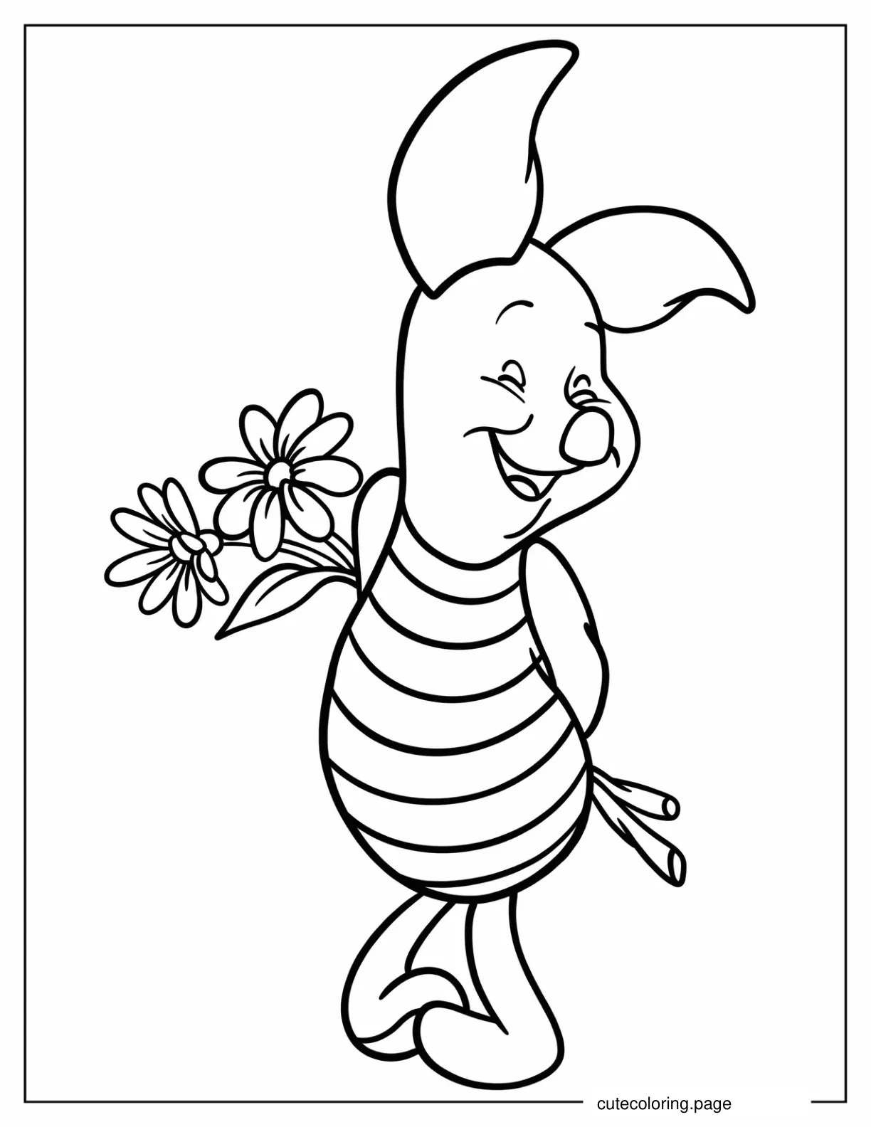 Easy Piglet Holding Flowers Coloring Page For Kids coloring page