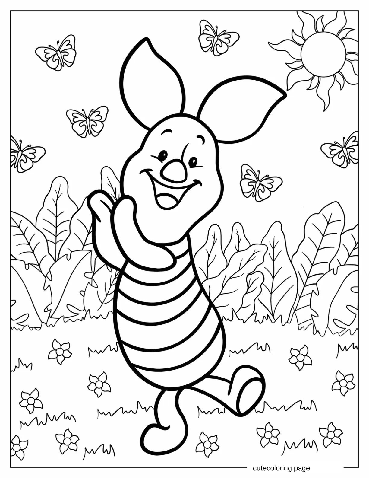 Happy Piglet Dancing In The Garden With Butterflies coloring page