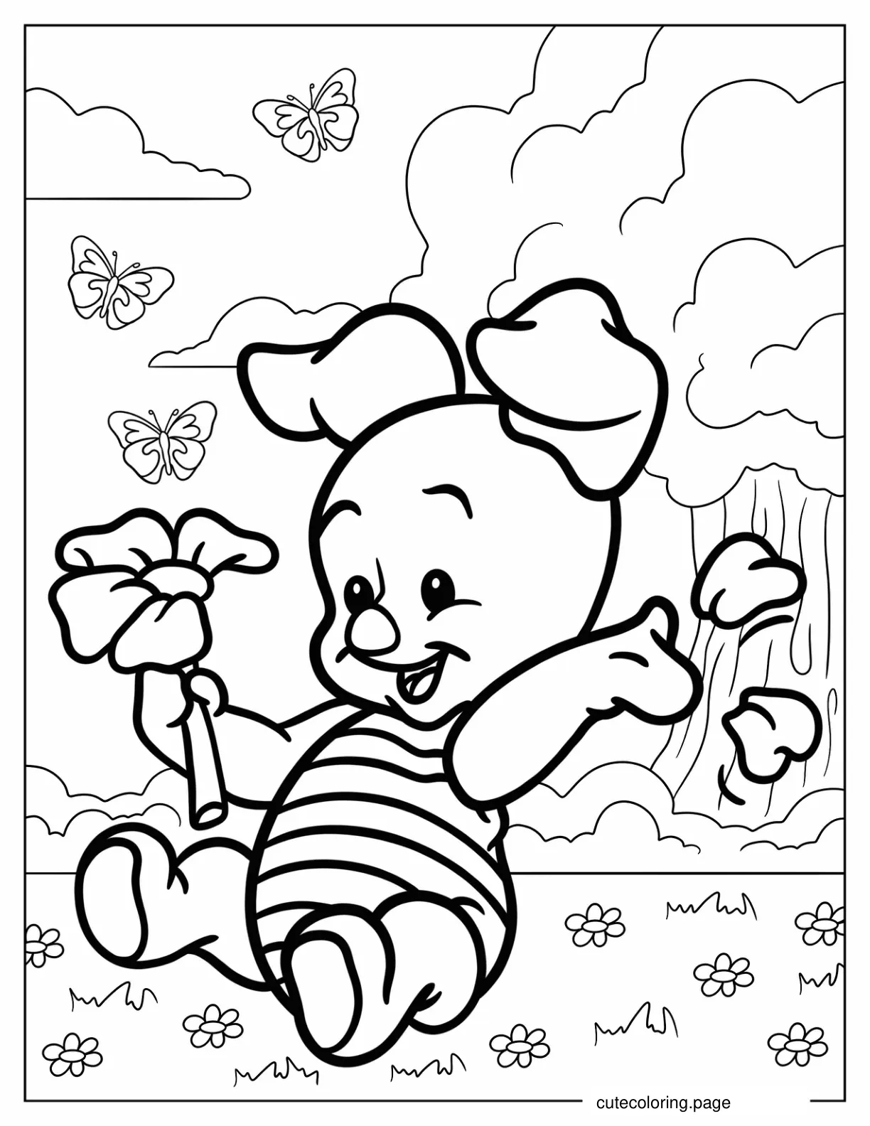 Kawaii Piglet Picking Petals Coloring Page For Preschoolers coloring page