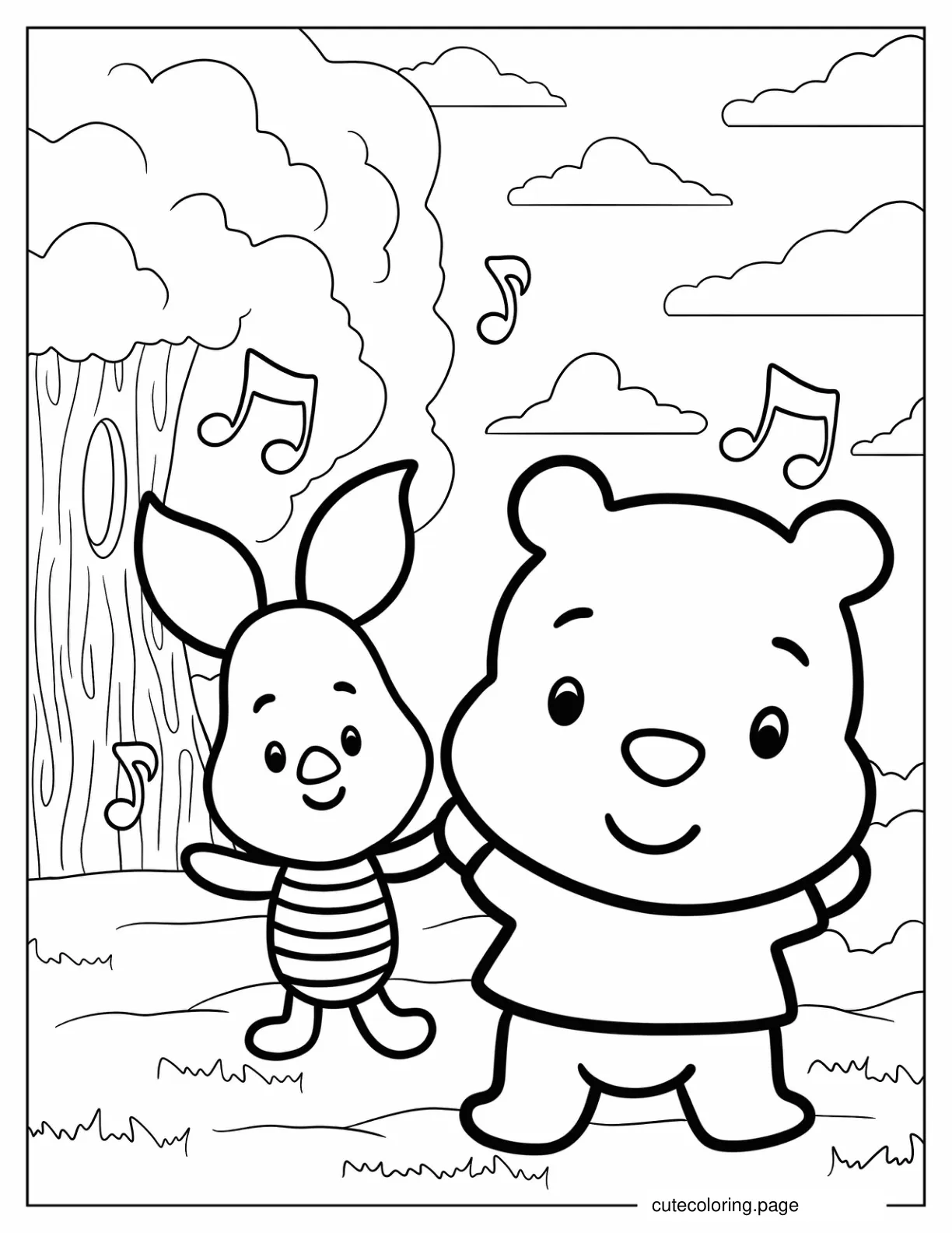 Kawaii Piglet With Winnie The Pooh Coloring Page For Preschoolers coloring page