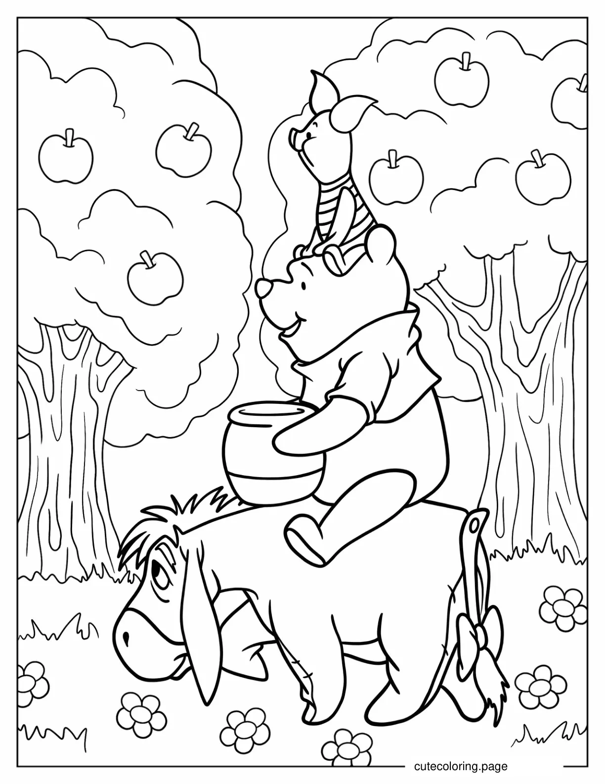 Piglet And Winnie The Pooh Riding On Eeyore Coloring Page coloring page