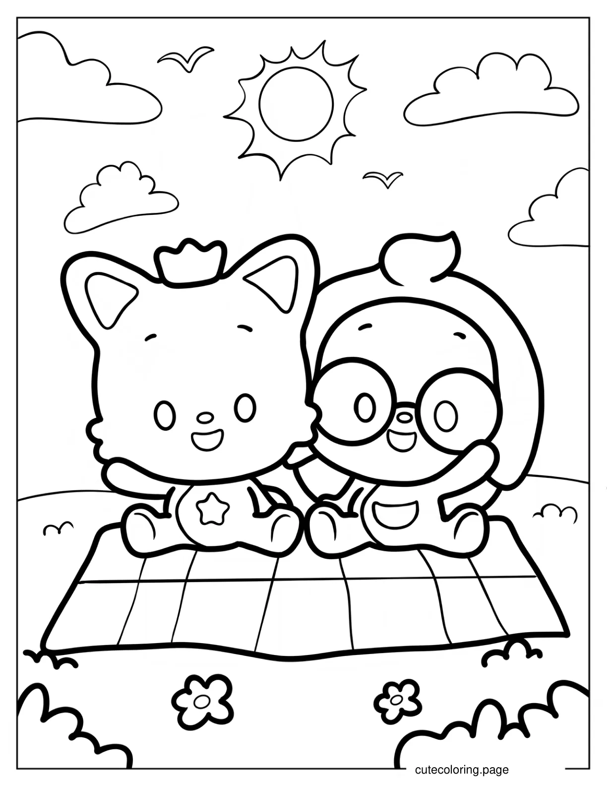 Chibi Pinkfong And Hogi Sitting On A Picnic Mat coloring page