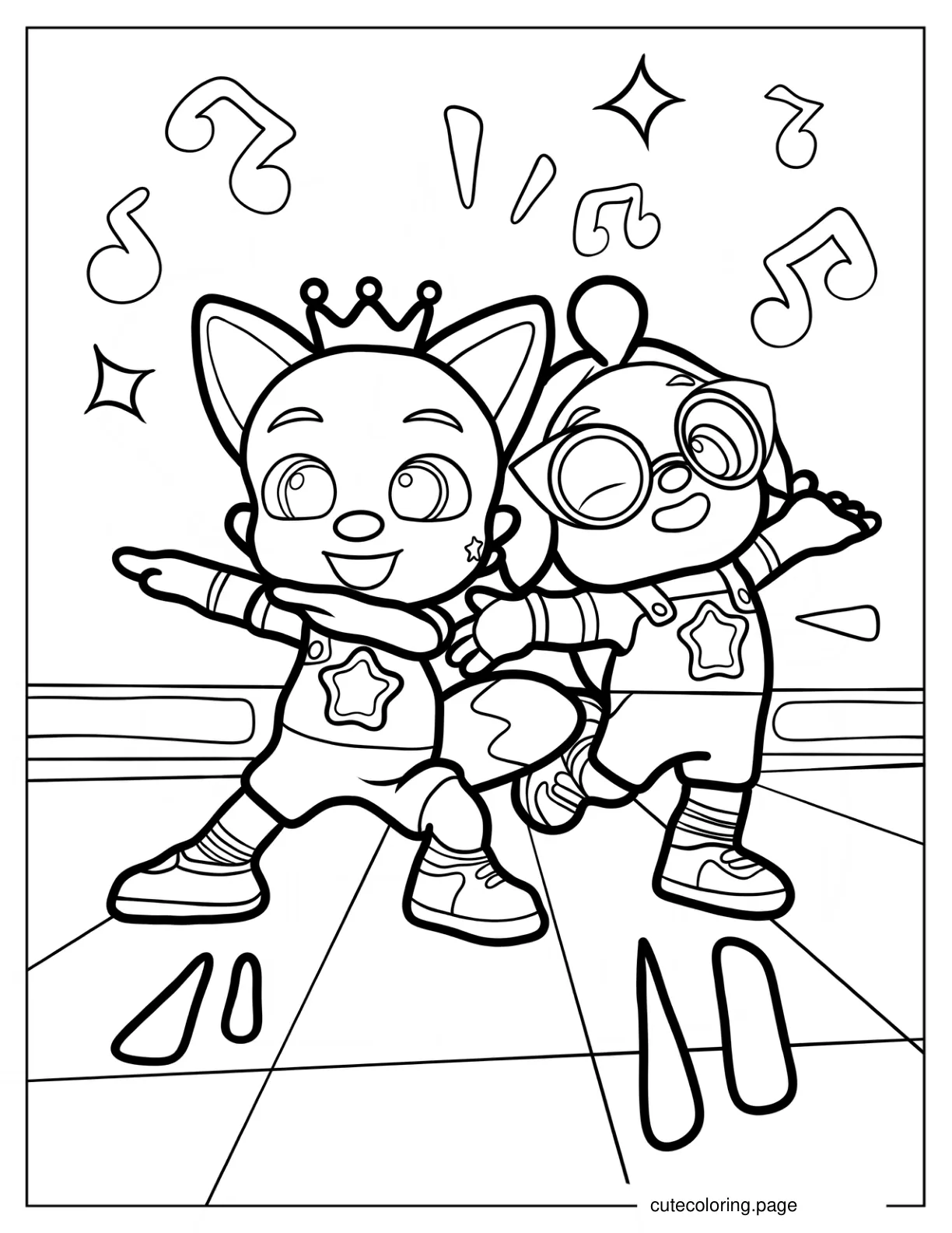 Pinkfong And Hogi Dancing On Stage Coloring Sheet coloring page