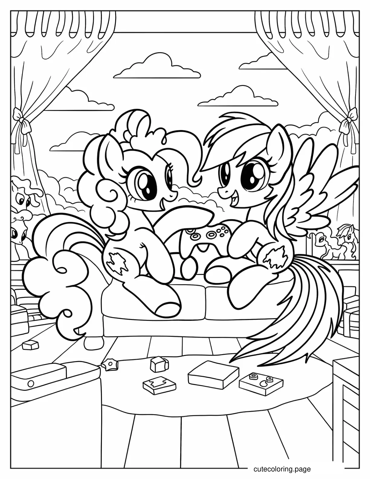 Pinkie Pie And Rainbow Dash Playing Video Games coloring page