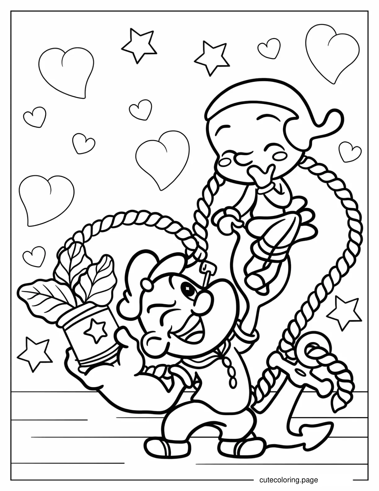 Kawaii Chibi Popeye Carrying Olive Oyl Coloring Sheet For Preschoolers coloring page