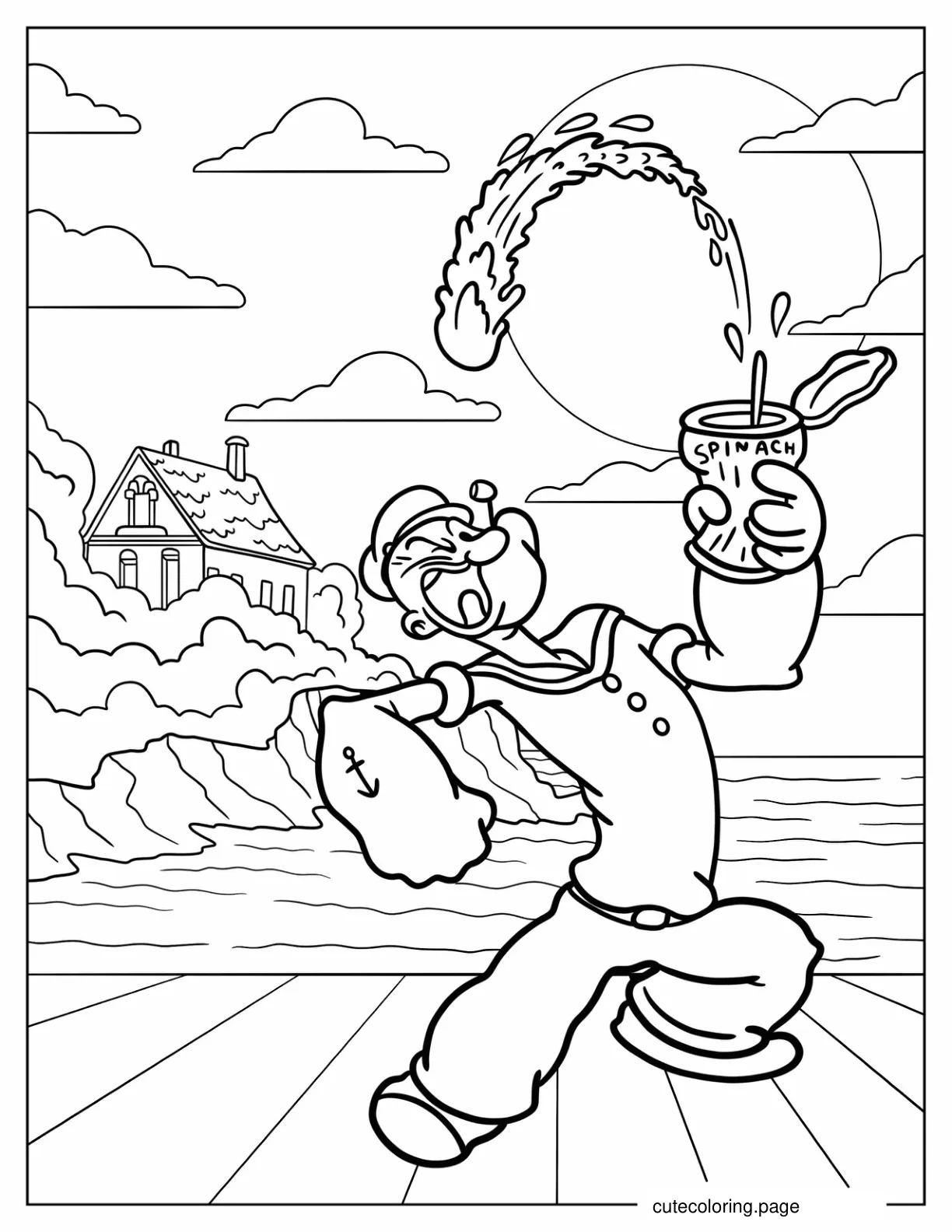 Popeye Catching Spinach With His Mouth Coloring Page coloring page