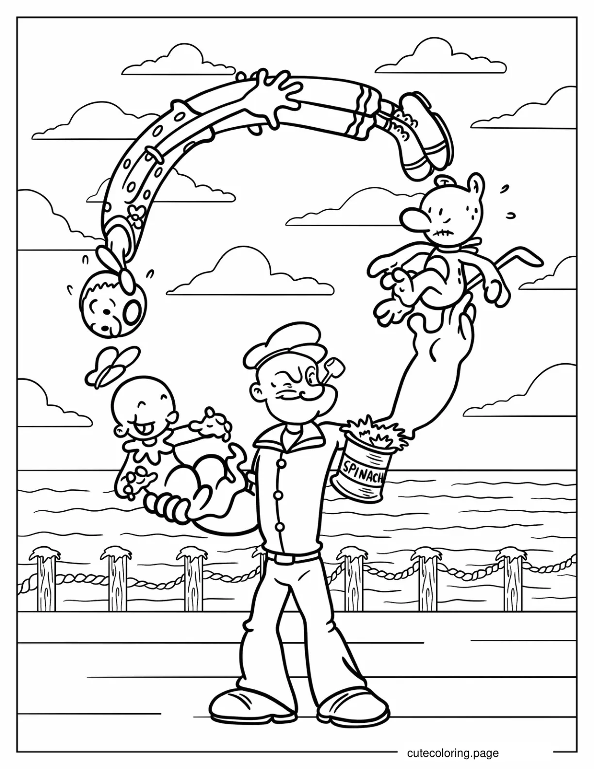 Popeye Juggling Eugene Olive Oyl And Swee_Pea Coloring Sheet coloring page