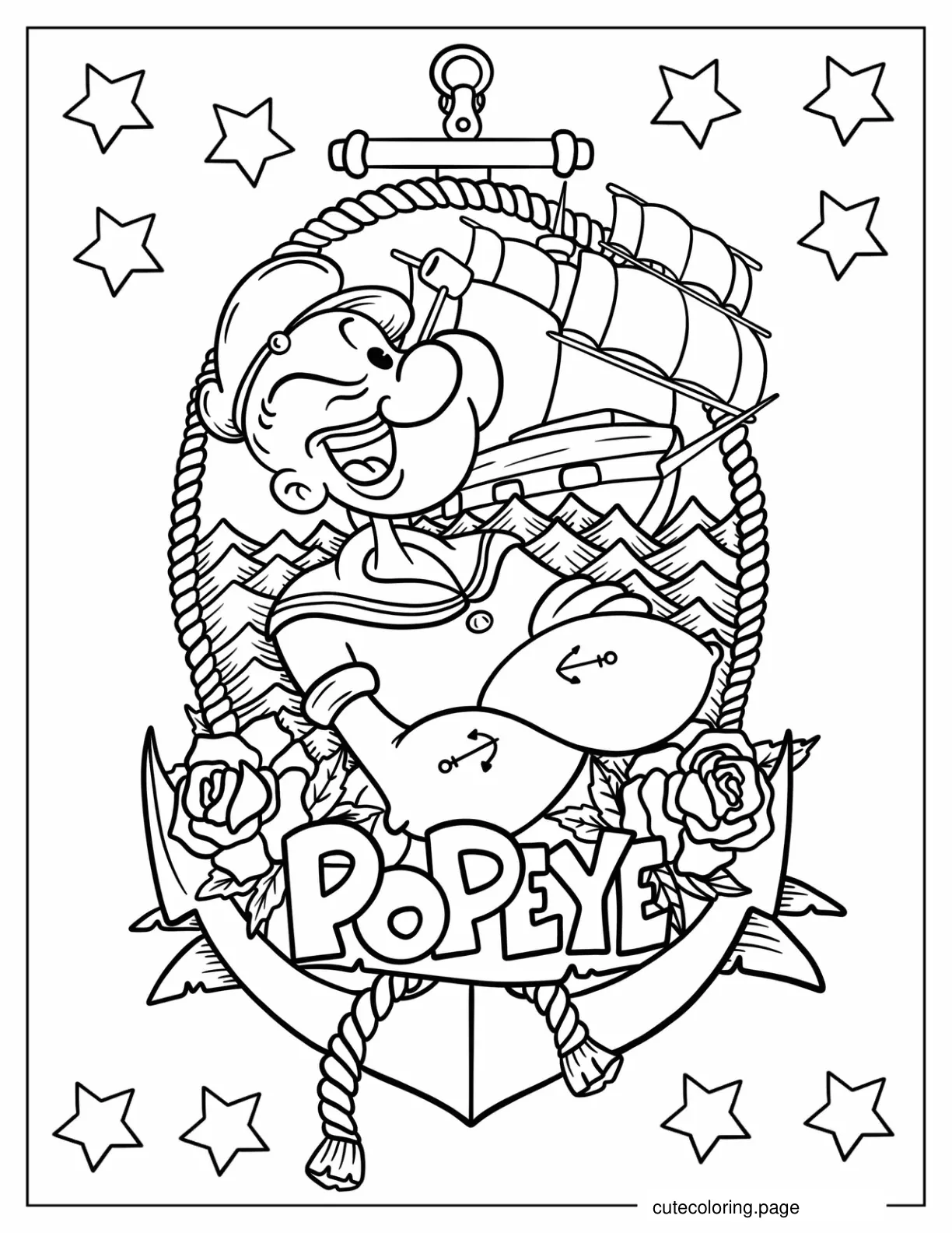 Popeye The Sailor Man Logo With Ship And Roses coloring page