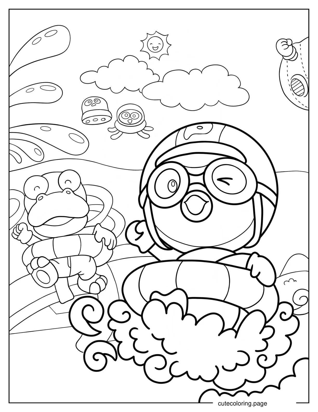 Cute Pororo And Crong Splashing In Swimming Pool Coloring Page coloring page