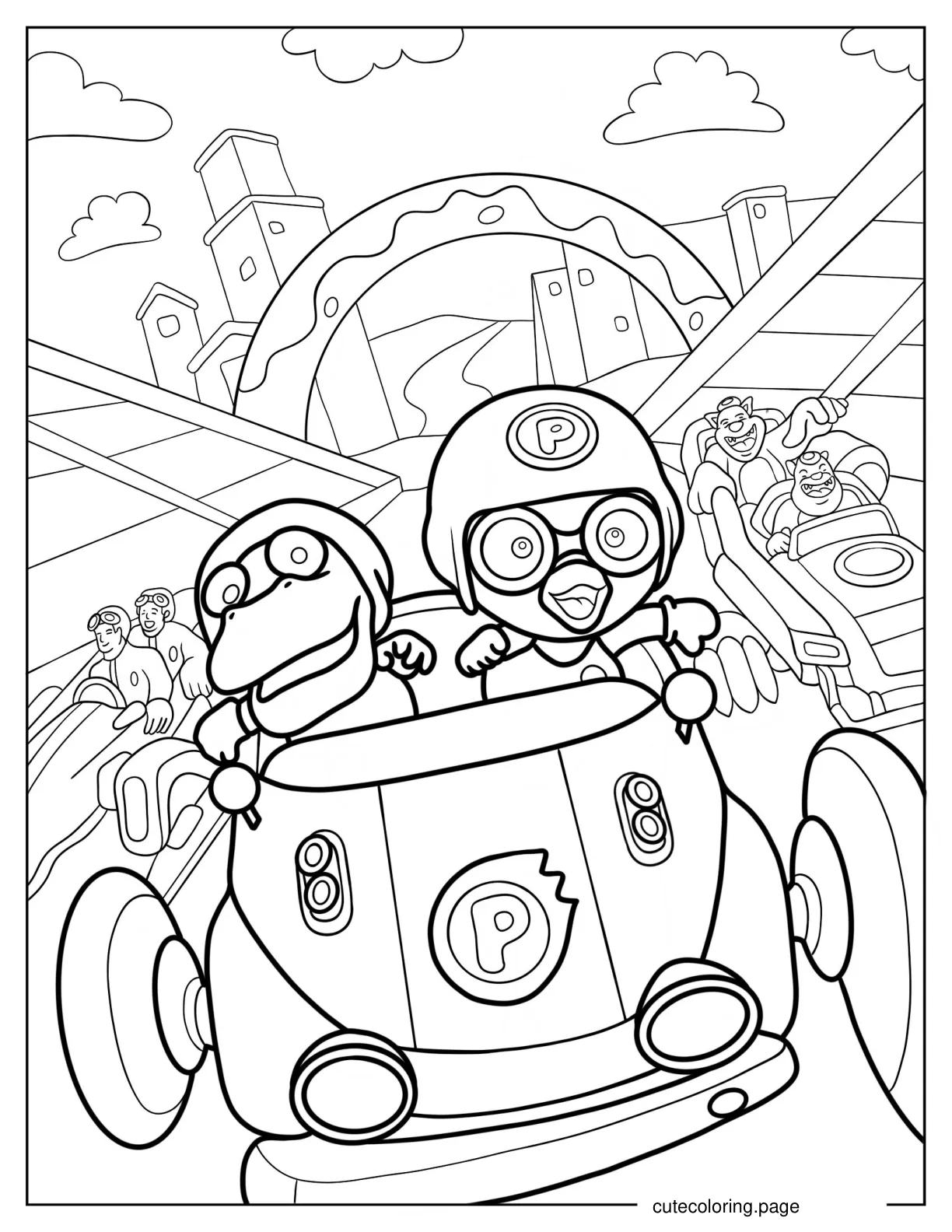 Detailed Pororo And Crong In A Race Car Coloring Page coloring page