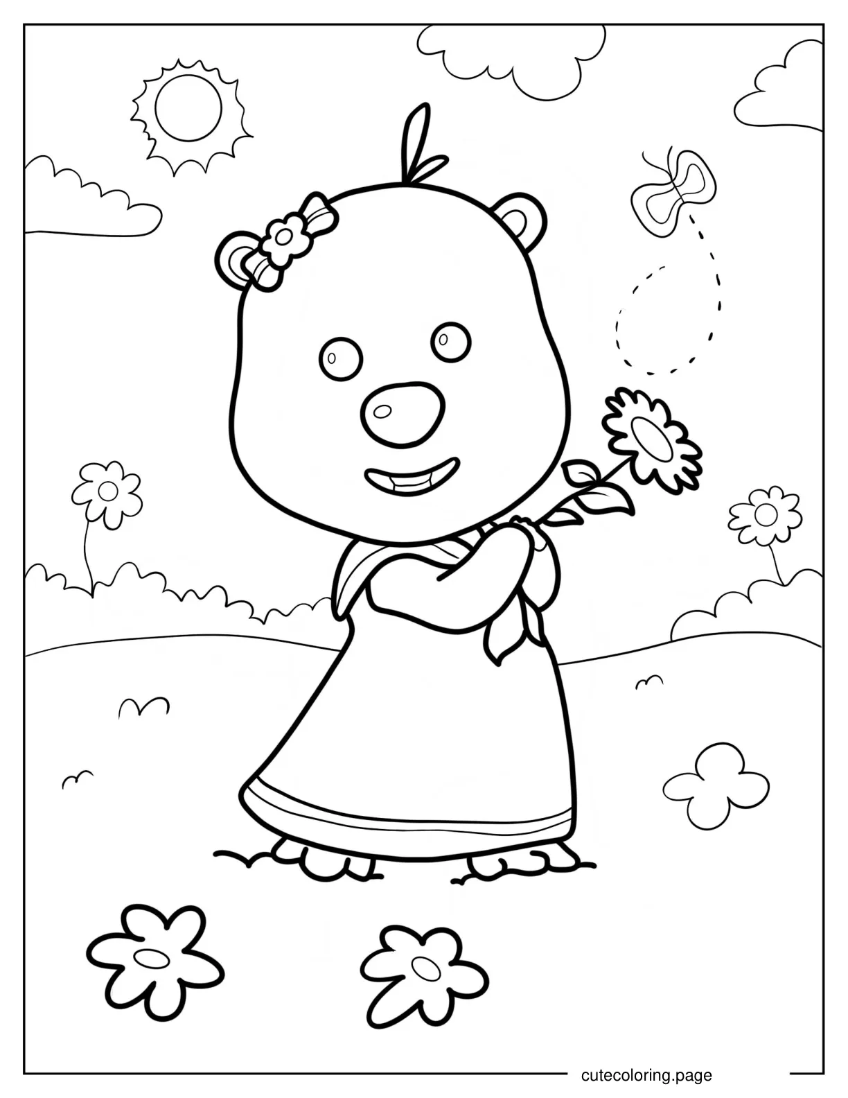 Kawaii Loopy In A Dress Holding Flower Coloring Page For Preschoolers coloring page