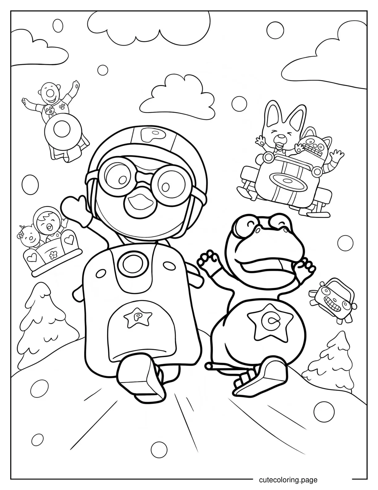 Pororo And Friends Riding Flying Vehicles Coloring Sheet coloring page