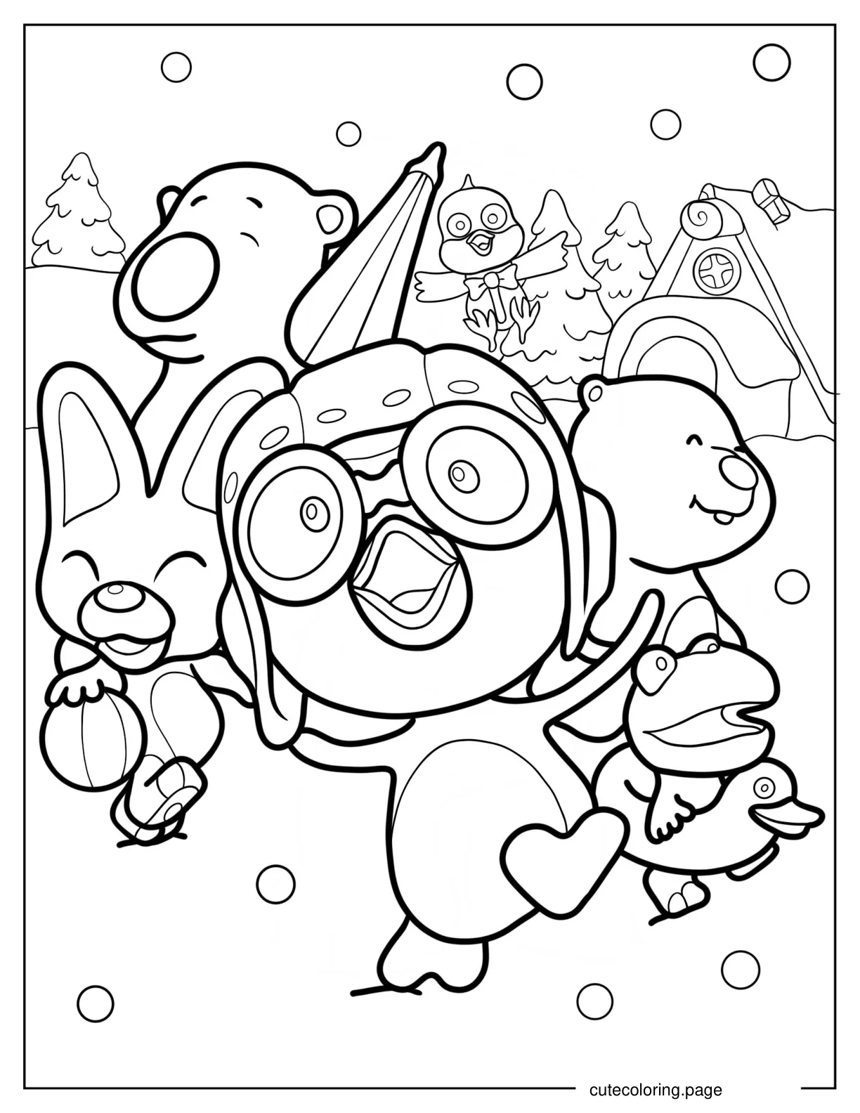 Pororo Eddy Poby Loopy And Crong Playing In The Snow Coloring Page coloring page