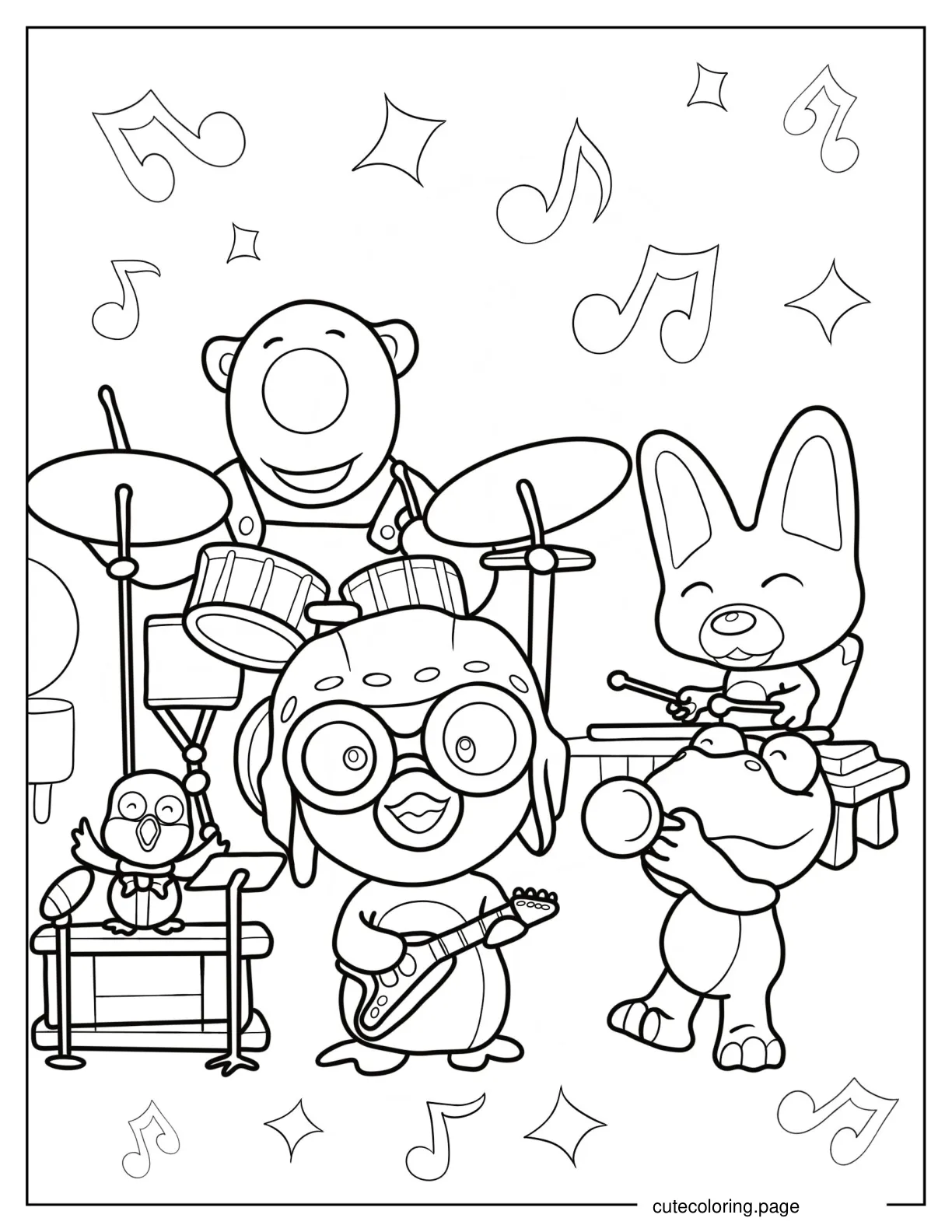 Pororo Playing In A Band With Harry Crong Eddy And Poby coloring page