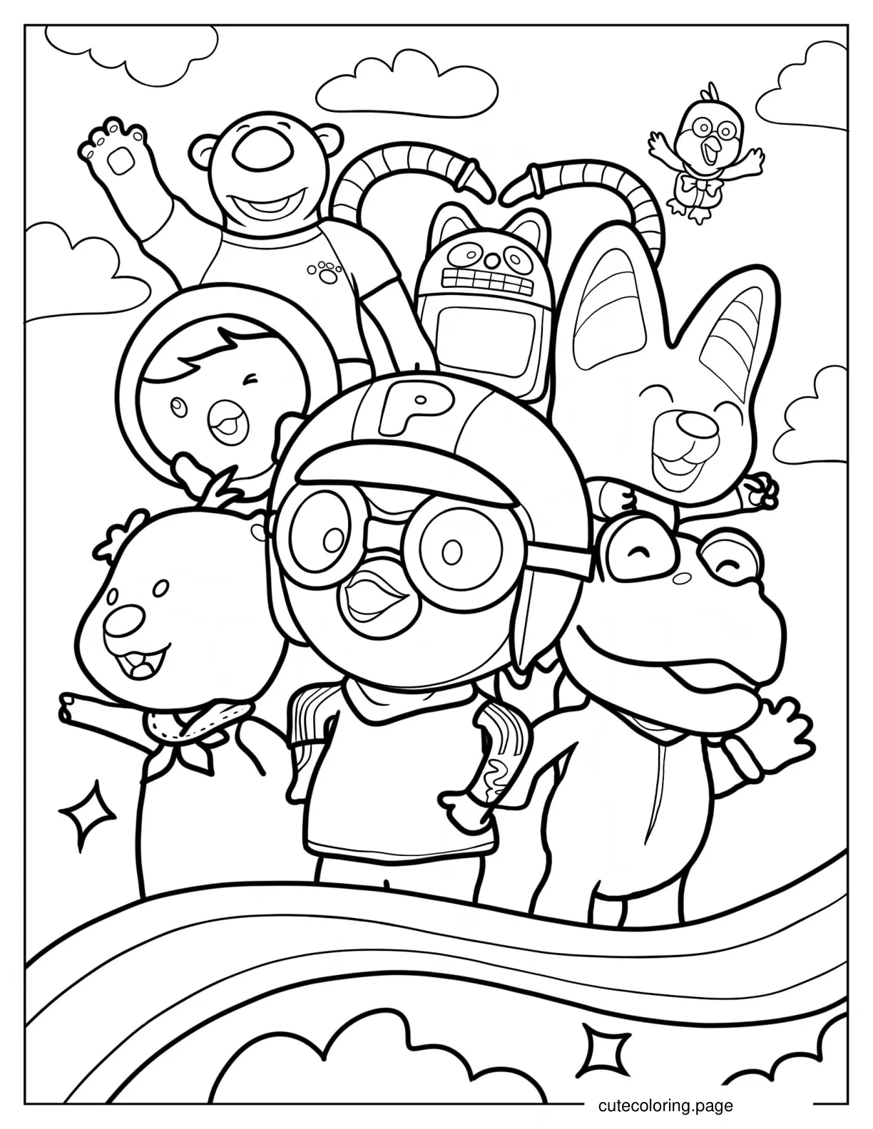 Pororo Surrounded By Poby Harry Rody Eddy Loopy Petty Crong And Tongtong Coloring Sheet For Kids coloring page