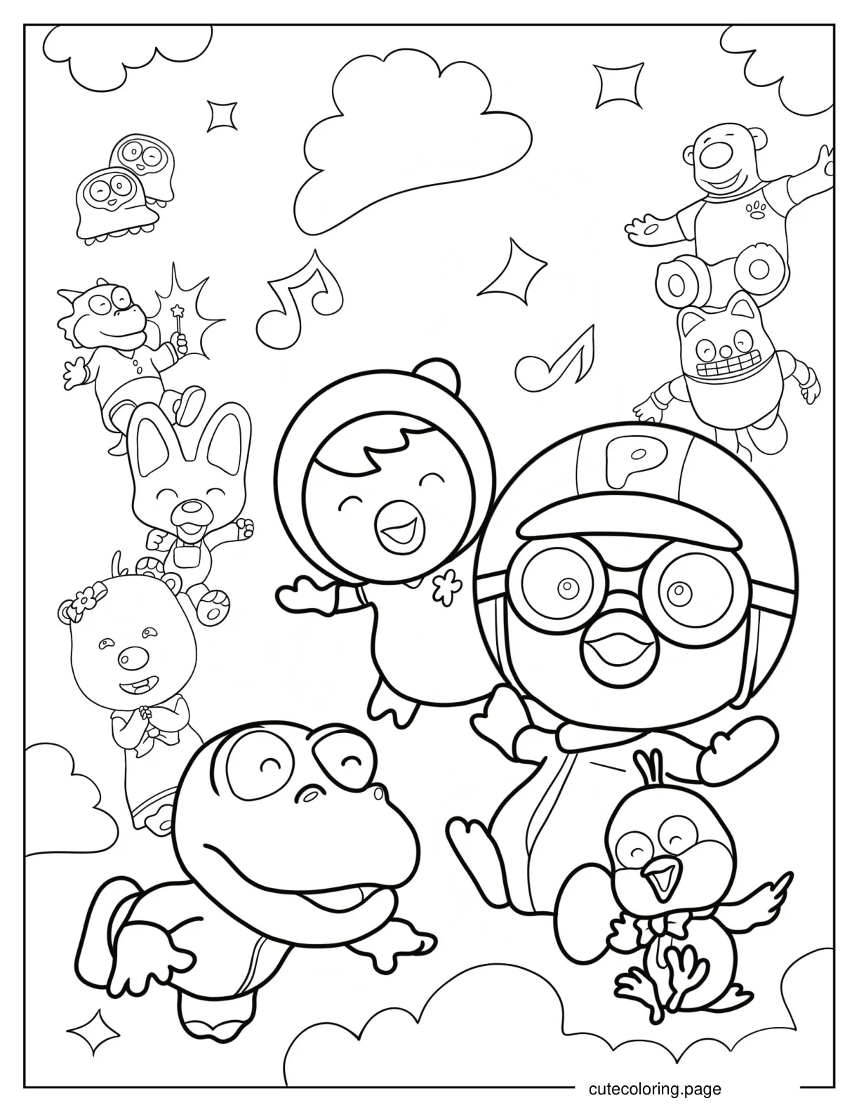 Pororo With Petty Crong Harry Tongtong Eddy Poby Rody And Loopy Coloring Page coloring page