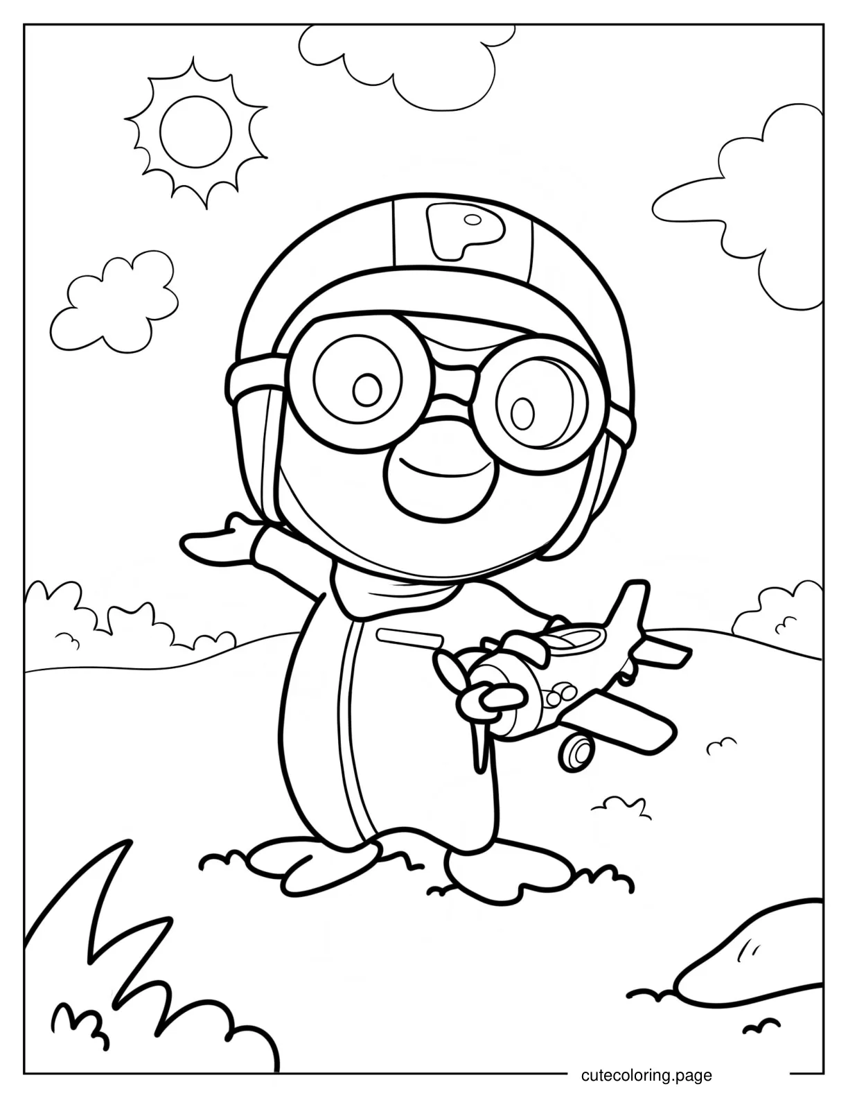 Smiling Pororo Holding Toy Airplane coloring page