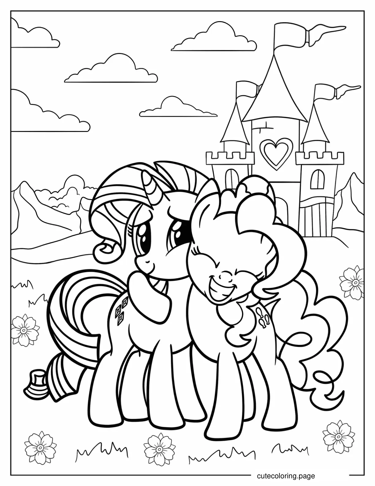 Pinkie Pie Hugging Rarity In Front Of A Castle coloring page