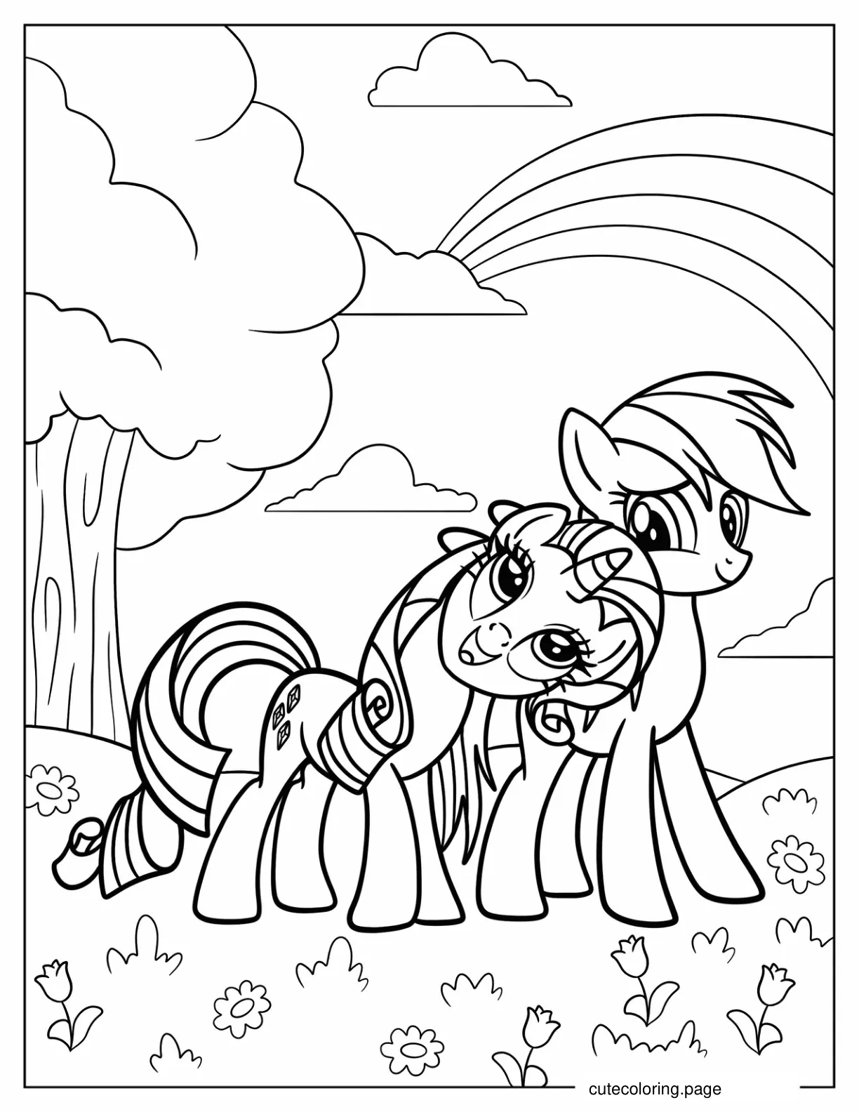 Rainbow Dash Standing On A Flower Field With Rarity Coloring Page coloring page