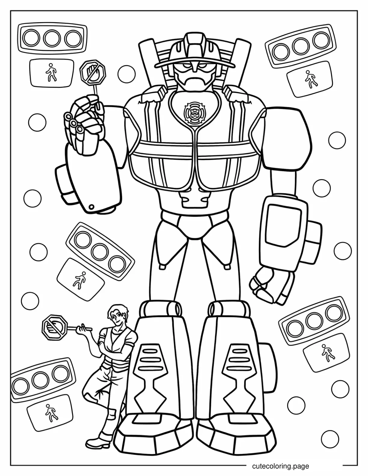 Kawaii Heatwave Rescue Bots Holding Stop Signs Coloring Page coloring page