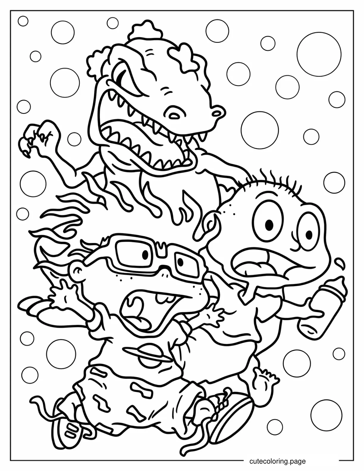 Reptar Chasing Chuckie And Tommy Rugrats Coloring Sheet For Kids coloring page