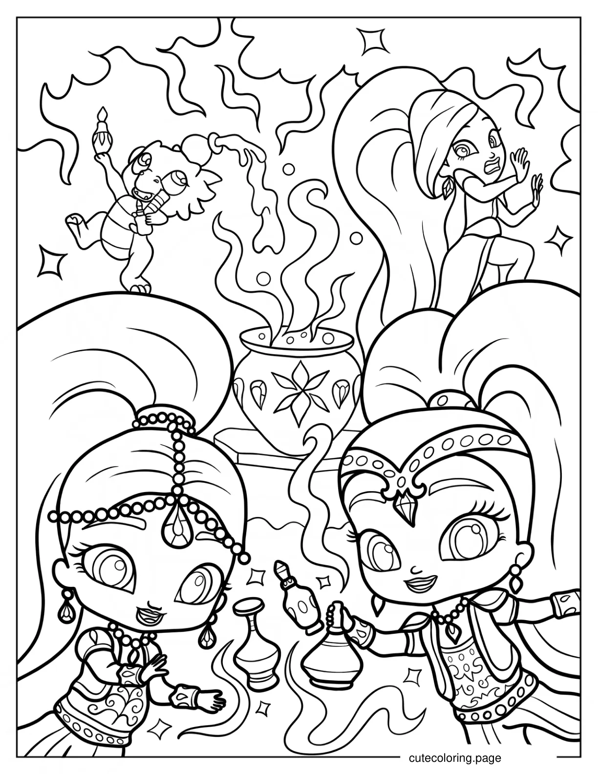 Shimmer And Shine With Smoking Cauldron At The Back With Zeta And Nazboo coloring page