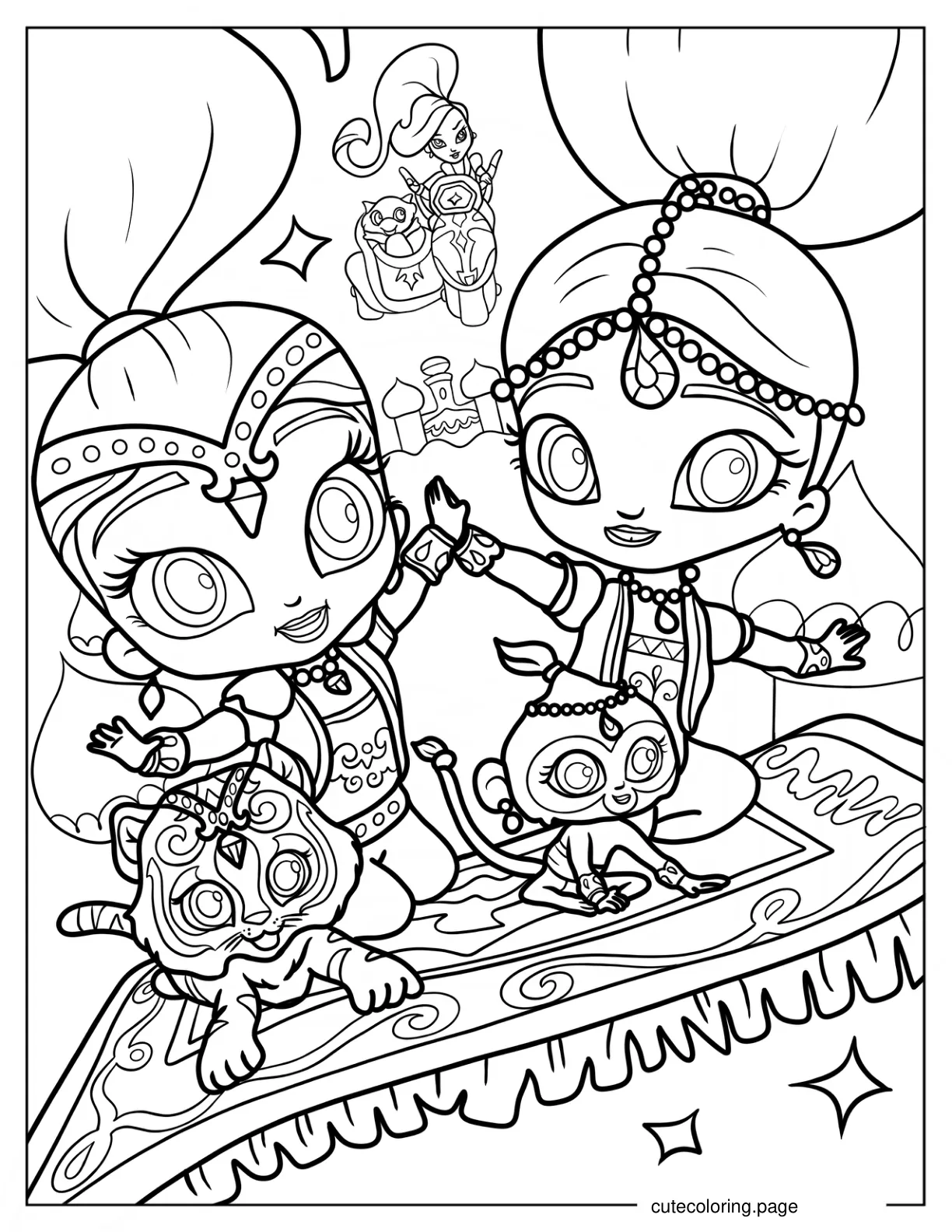 Shimmer Shine Nahal And Nazboo On A Magic Carpet With Zeta In The Background coloring page