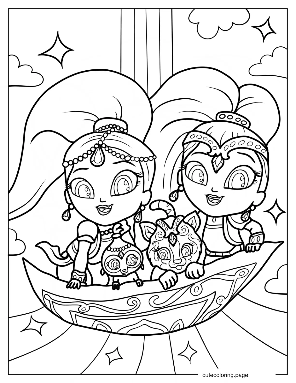 Shimmer Shine Tahal And Nala Riding A Magic Carpet coloring page