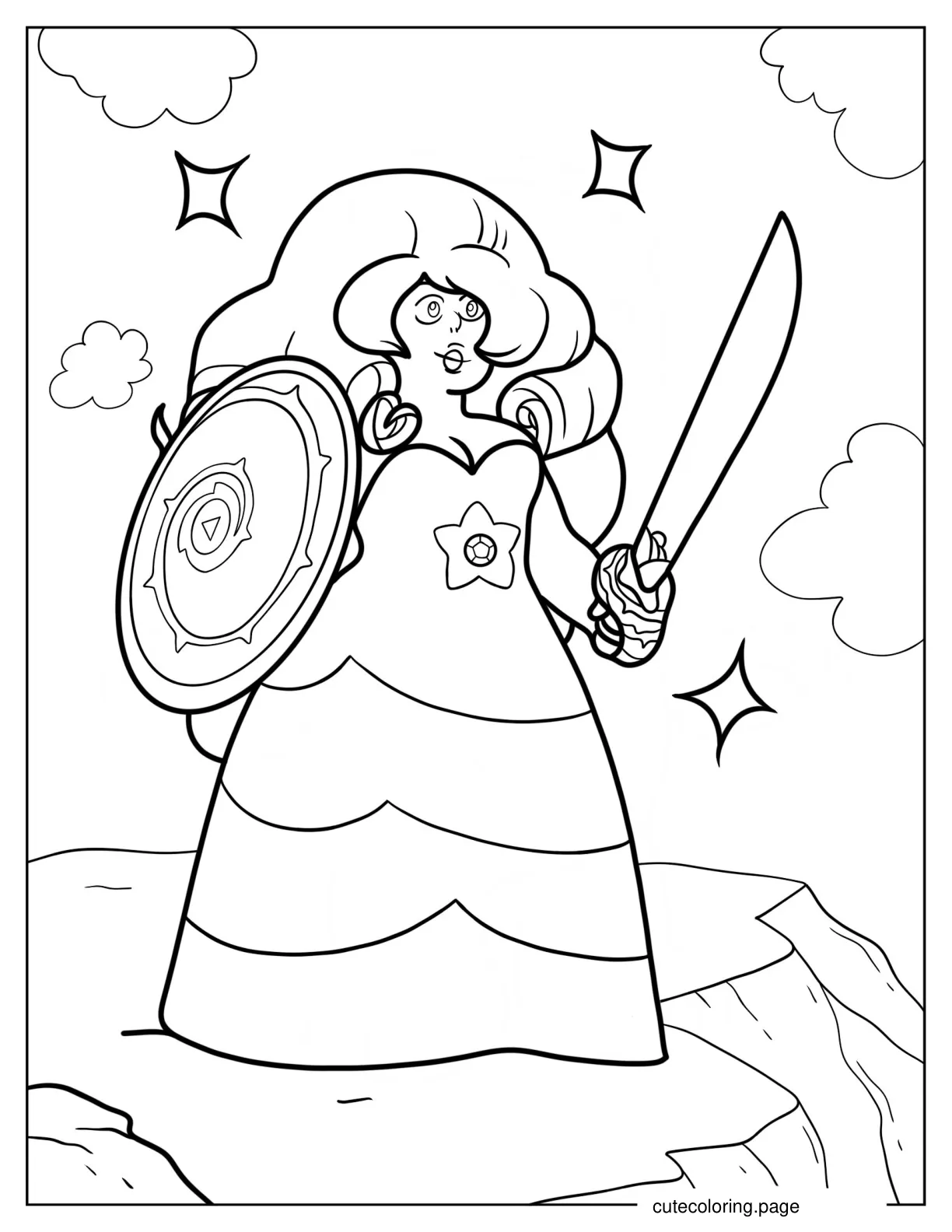 Cute Rose Quartz Holding Sword And Shield Coloring Sheet For Kids coloring page