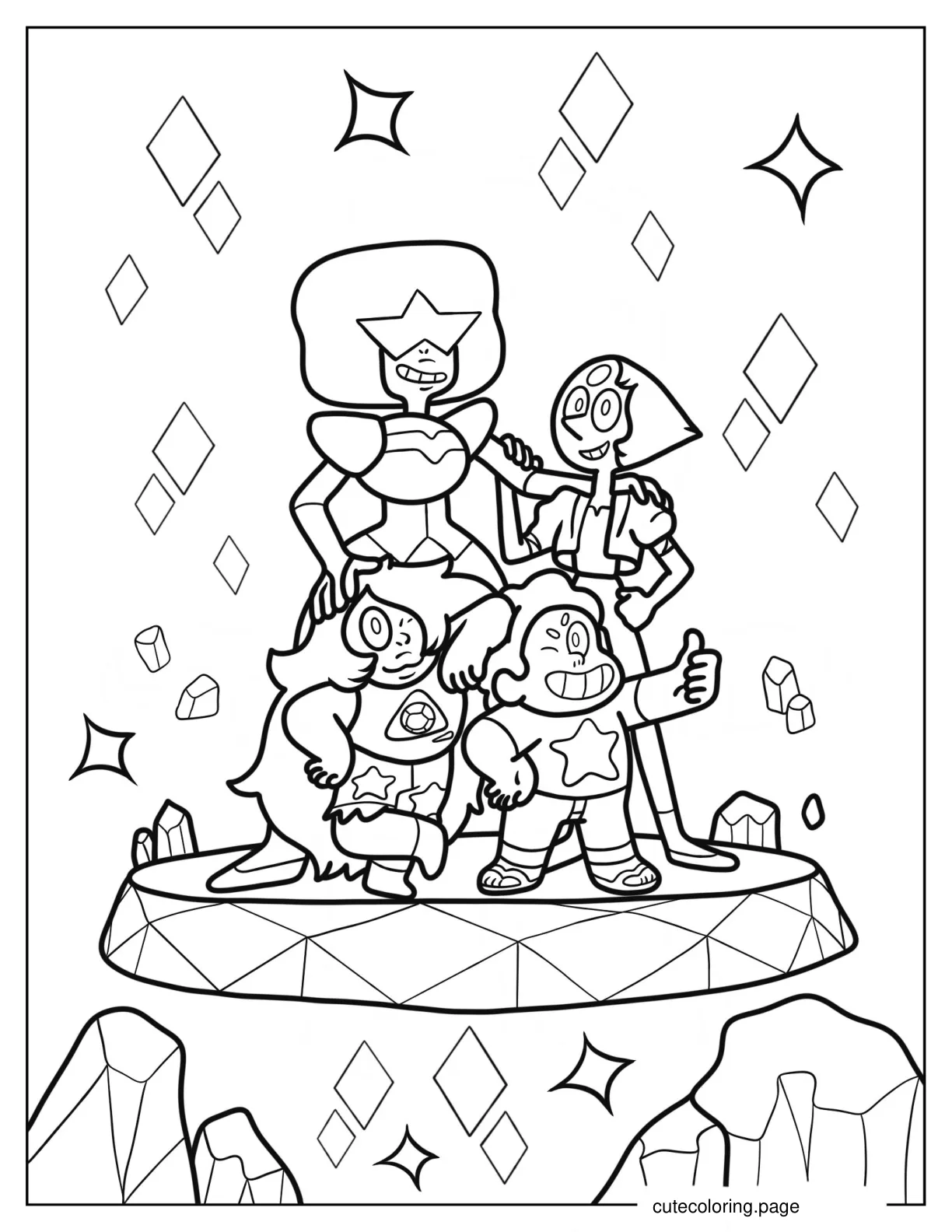 Cute Steven Universe On Podium With Garnet Pearl And Amethyst Coloring Page For Kids coloring page