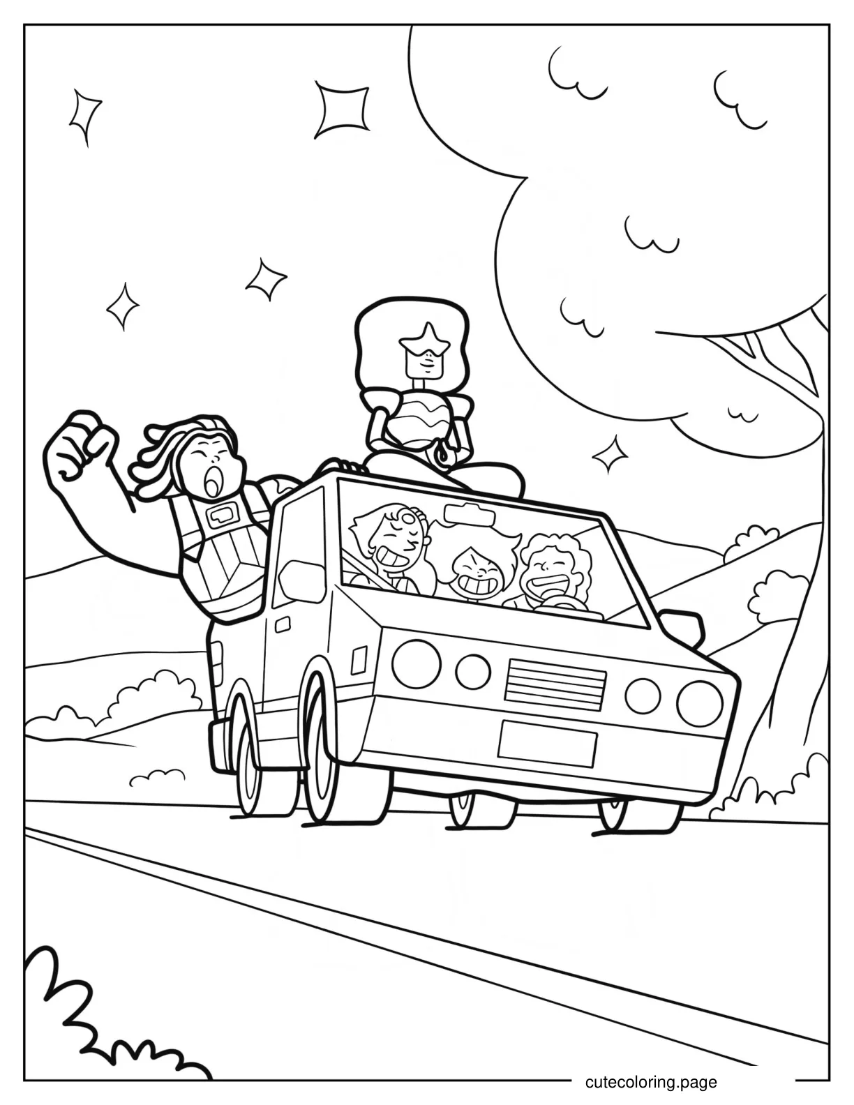 Steven Universe Driving Car With Pearl Amethyst Bismuth And Garnet Coloring Page coloring page